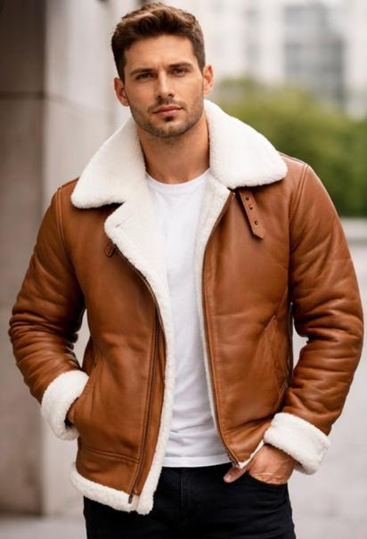 Men's Brown Sheepskin Leather Bomber Jacket – Faux Fur Lined