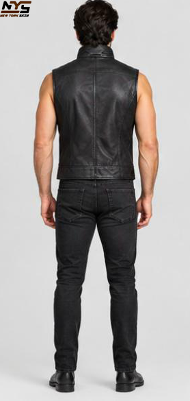 Men’s Black Sheepskin Leather Biker Vest with Asymmetrical Zip & Lapel Collar