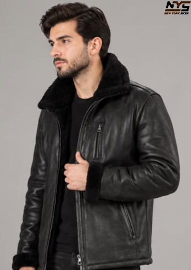 Handmade Black Shearling Leather Jacket: Genuine Sheepskin Bomber