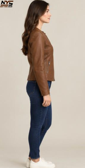 Women's Cognac Sheepskin Leather Jacket - Collarless Moto Style