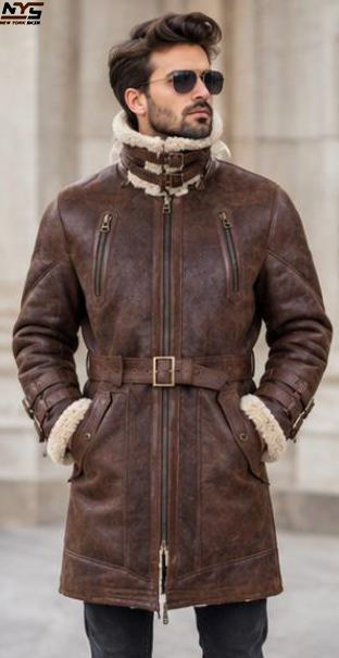 Shearling Sheepskin Leather Coat: Men's Brown Fur Lined Coat
