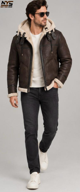 Men's Brown Shearling Sheepskin Leather Winter Jacket