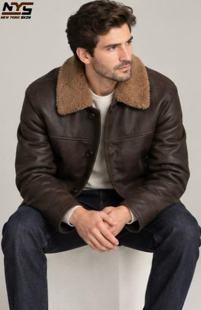Men's Brown Sheepskin Leather Coat: Four Button Fastening