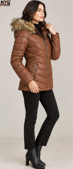 Women’s Cognac Sheepskin Leather Padded Coat | New York Skin