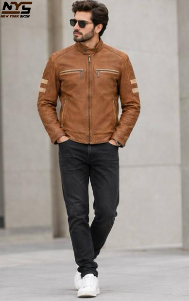 Men’s Tan Sheepskin Leather Jacket with Stud Collar & Gunmetal Zips