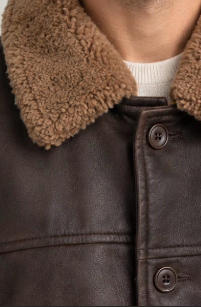 Men's Brown Sheepskin Leather Coat: Four Button Fastening