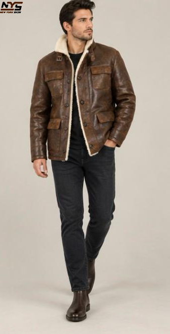 Men’s Brown Leather Coat with Fur Collar | New York Skin