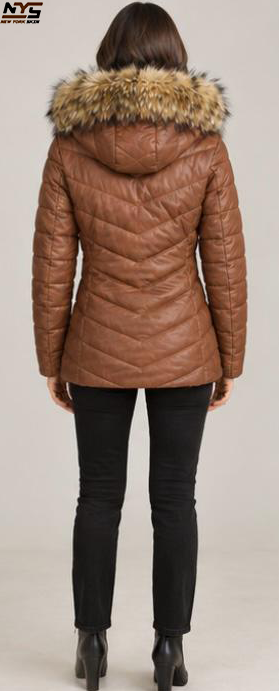 Women’s Cognac Sheepskin Leather Padded Coat | New York Skin