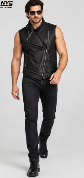 Men’s Black Sheepskin Leather Biker Vest with Asymmetrical Zip & Lapel Collar