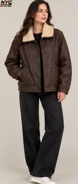 Women’s Brown Leather Jacket with Cream Collar | New York Skin