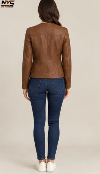 Women's Cognac Sheepskin Leather Jacket - Collarless Moto Style
