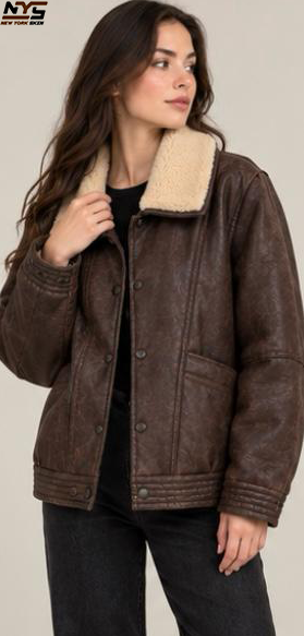 Women’s Brown Leather Jacket with Cream Collar | New York Skin