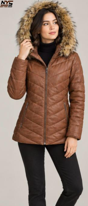 Women’s Cognac Sheepskin Leather Padded Coat | New York Skin
