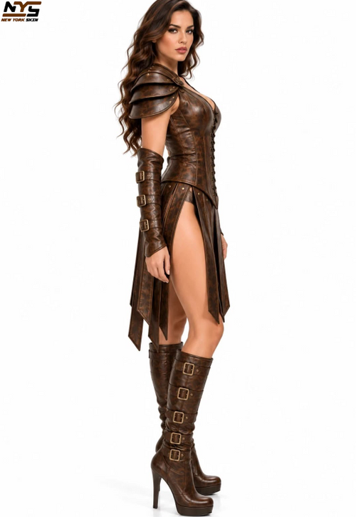 Brown Leather Steampunk Corset with Studs | New York Skin