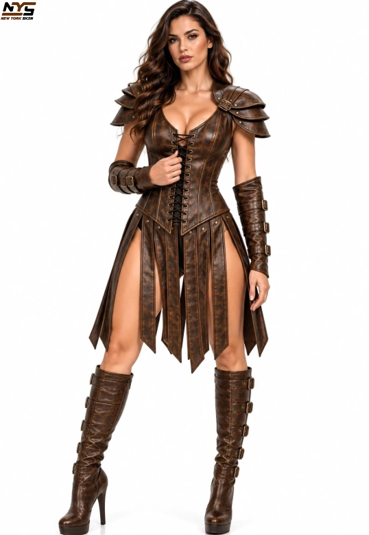 Brown Leather Steampunk Corset with Studs | New York Skin