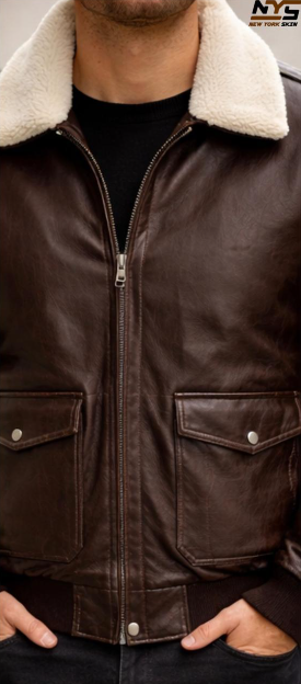 Men's Dark Brown Sheepskin Leather Bomber Jacket – Faux Fur Lined