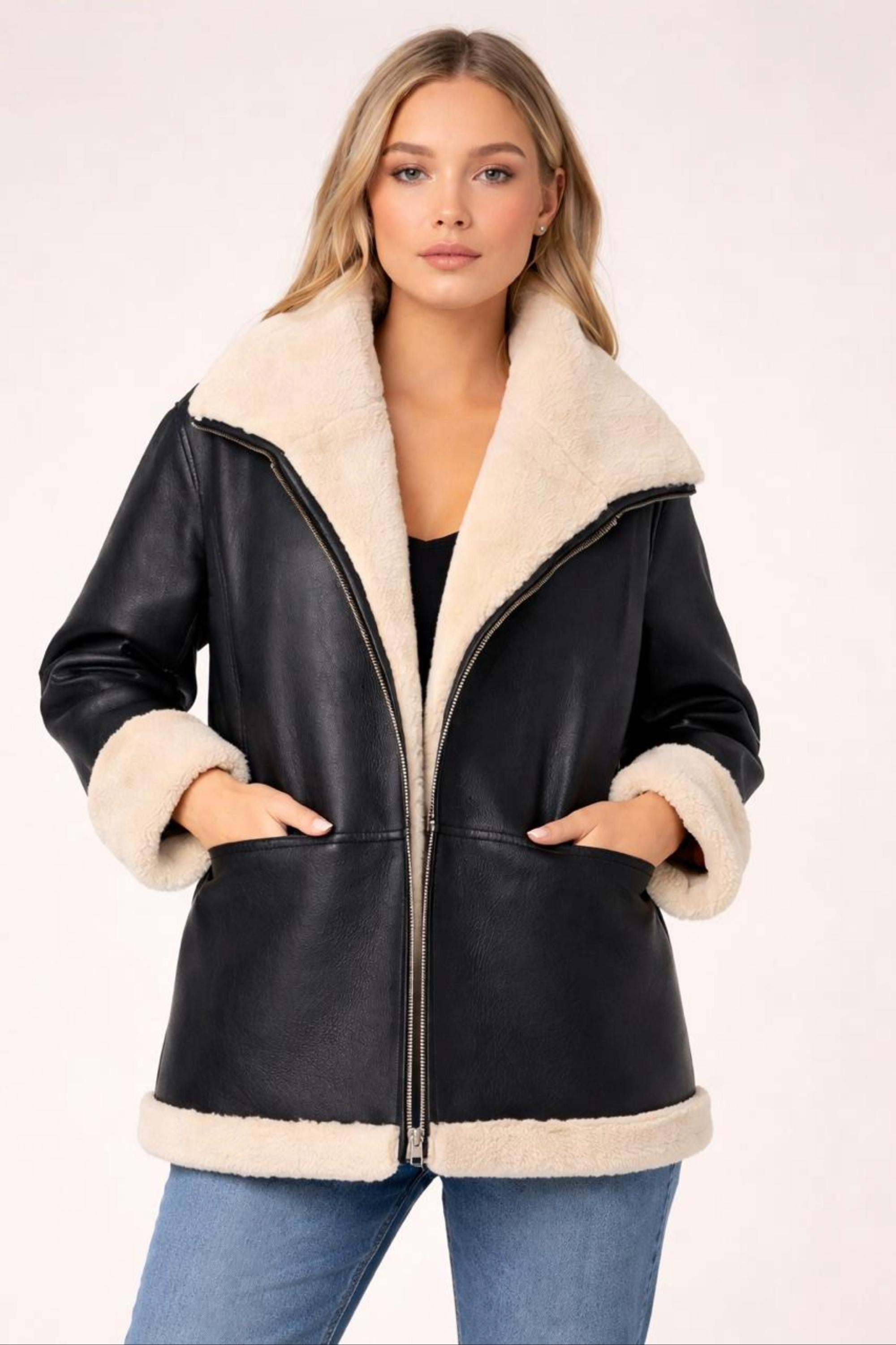 Women's Black Sheepskin Shearling Leather Aviator Jacket