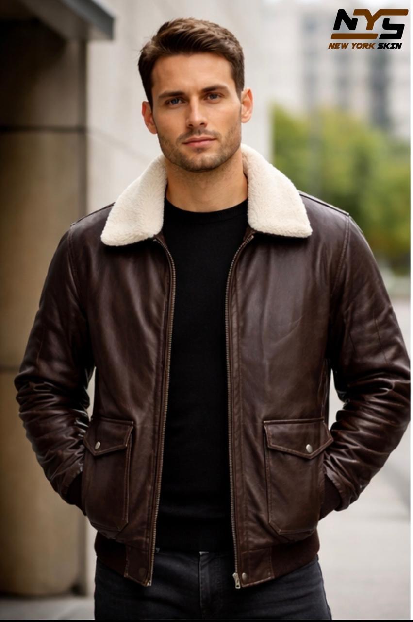 Men's Dark Brown Sheepskin Leather Bomber Jacket – Faux Fur Lined