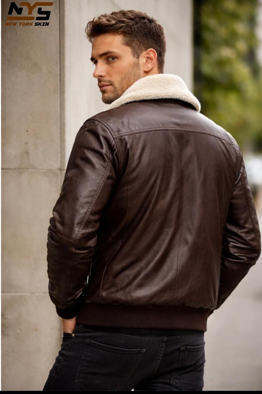 Men's Dark Brown Sheepskin Leather Bomber Jacket – Faux Fur Lined