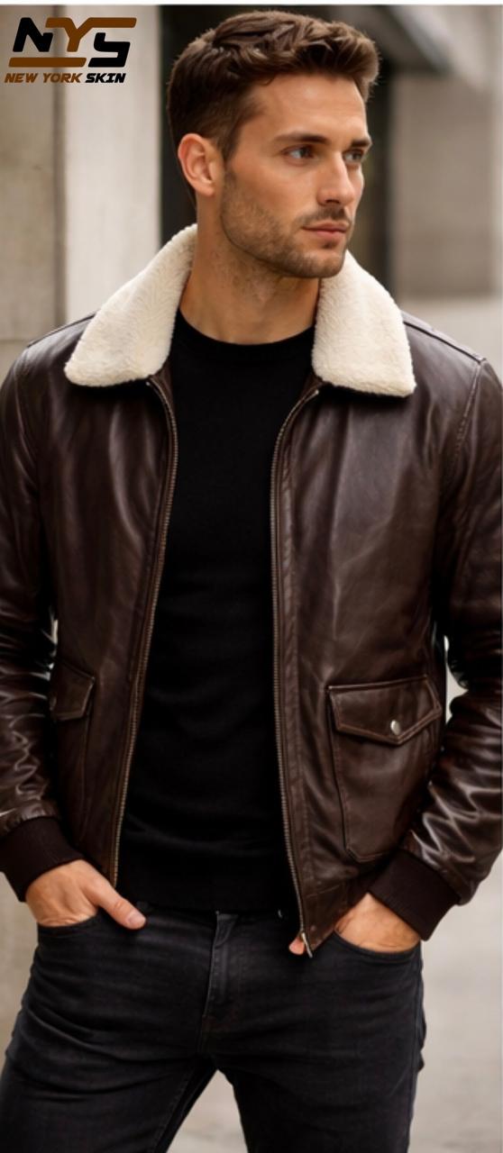 Men's Dark Brown Sheepskin Leather Bomber Jacket – Faux Fur Lined