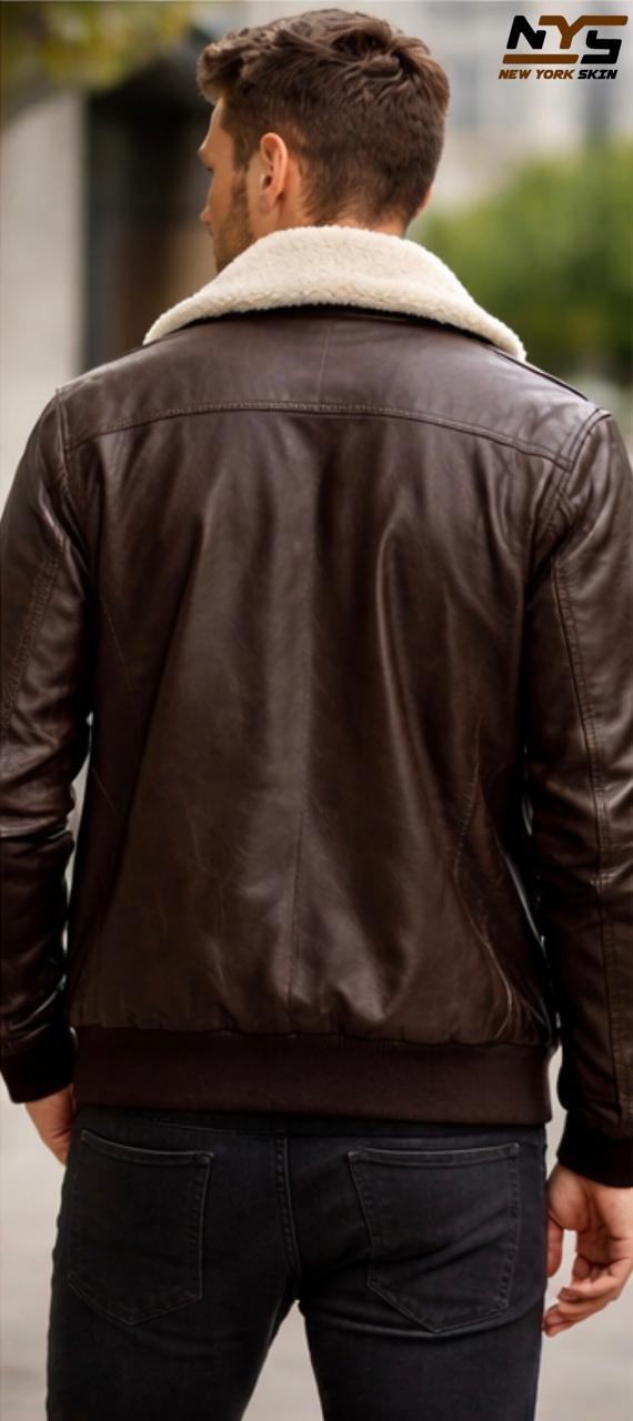 Men's Dark Brown Sheepskin Leather Bomber Jacket – Faux Fur Lined