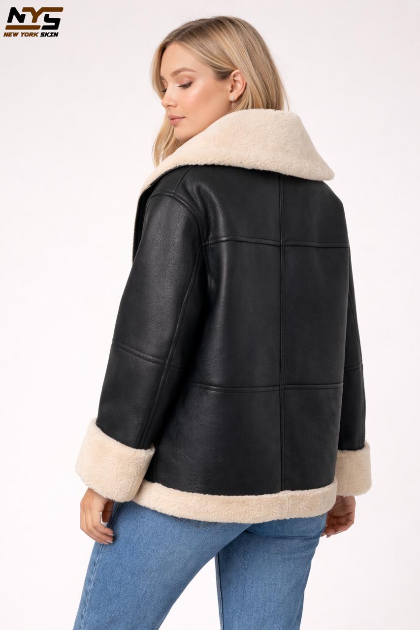 Women's Black Sheepskin Shearling Leather Aviator Jacket