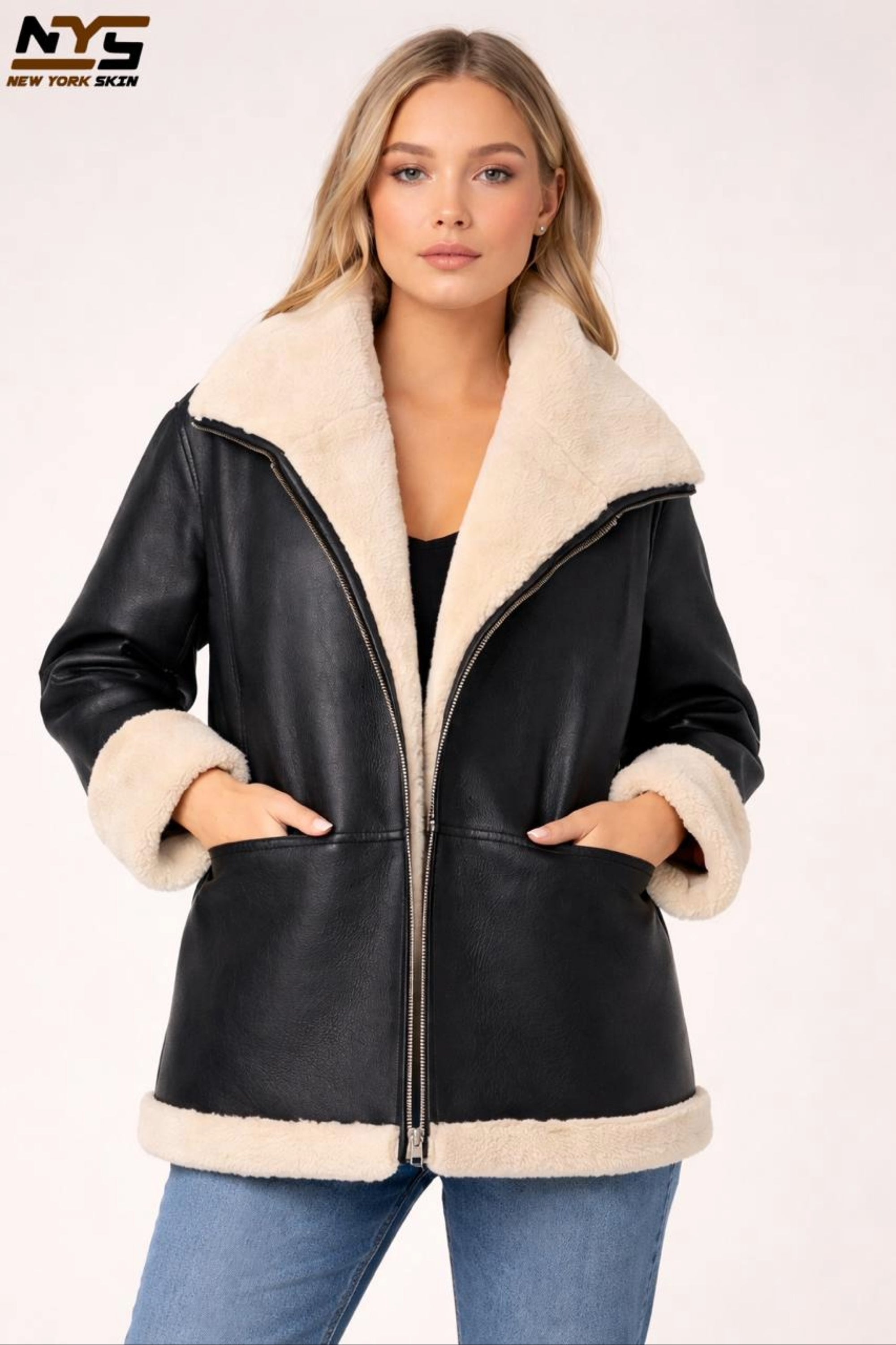 Women's Black Sheepskin Shearling Leather Aviator Jacket