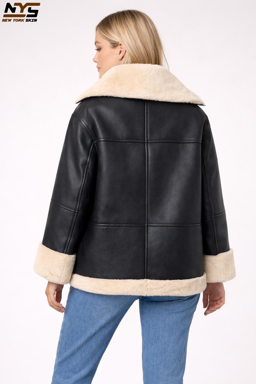 Women's Black Sheepskin Shearling Leather Aviator Jacket