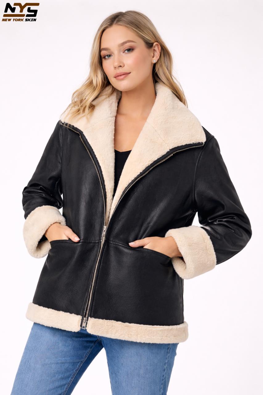 Women's Black Sheepskin Shearling Leather Aviator Jacket