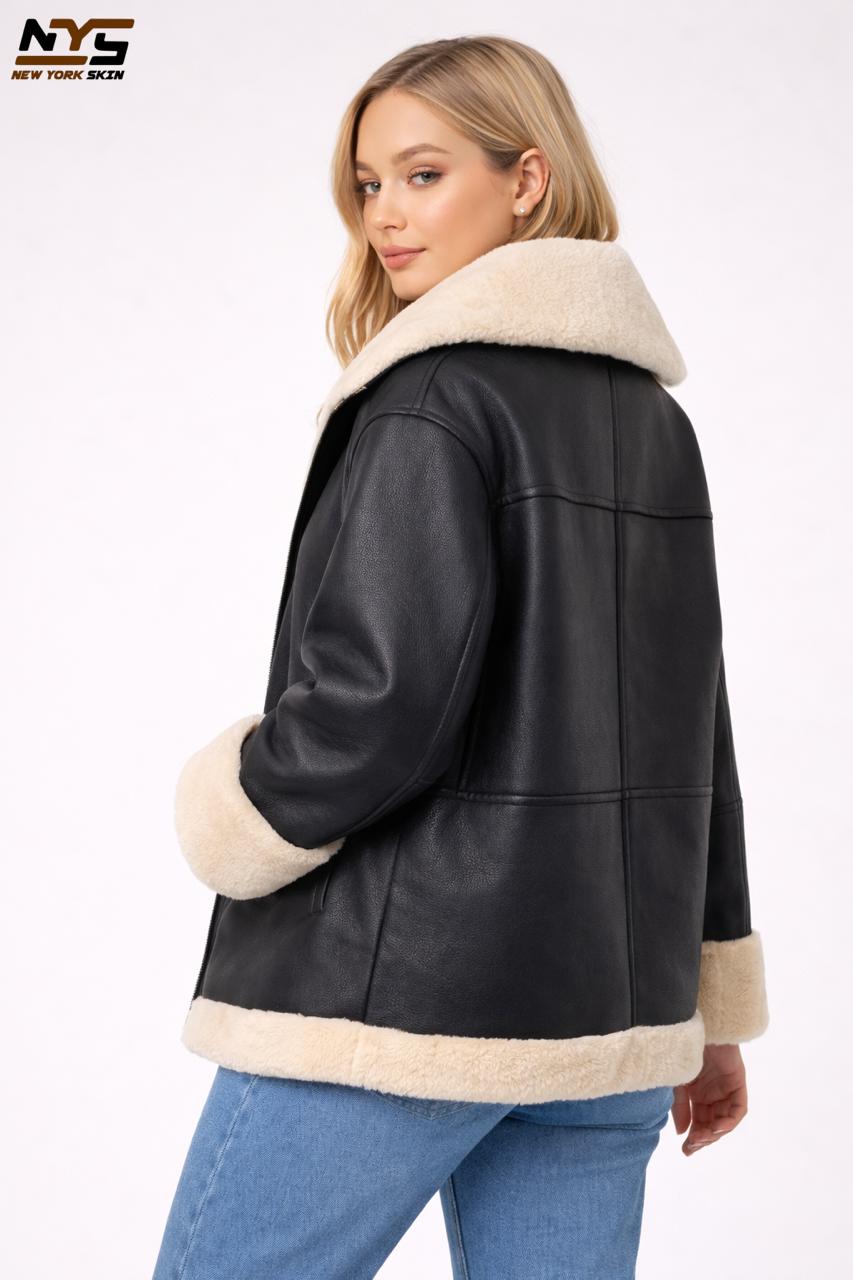 Women's Black Sheepskin Shearling Leather Aviator Jacket