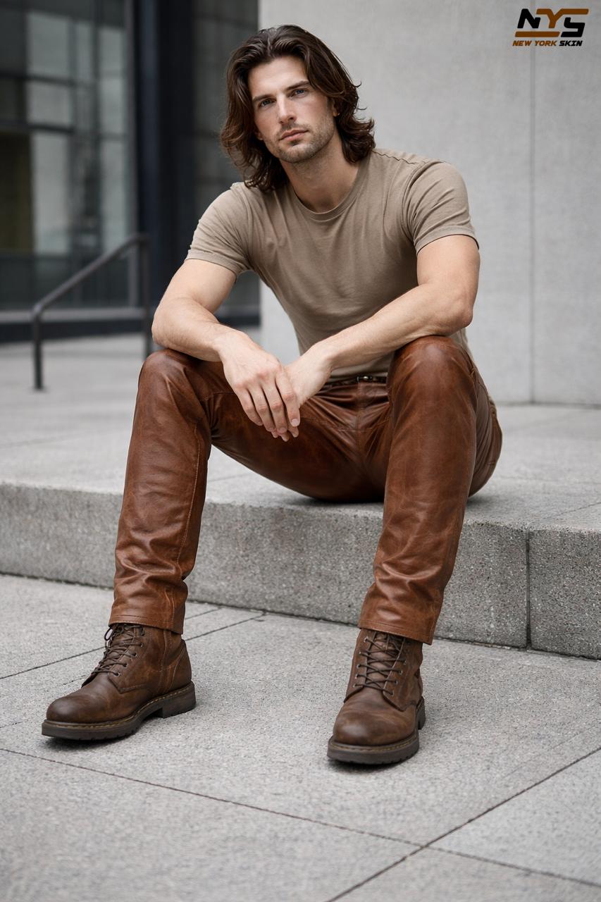 Handmade Brown Lambskin Leather Pants: Slim Fit Motorcycle Trousers