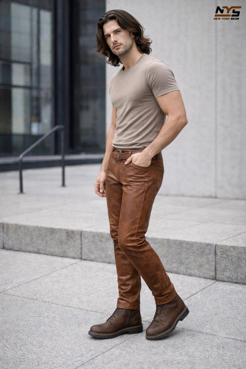 Handmade Brown Lambskin Leather Pants: Slim Fit Motorcycle Trousers