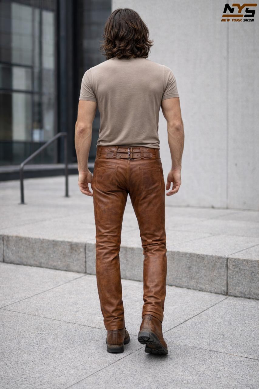Handmade Brown Lambskin Leather Pants: Slim Fit Motorcycle Trousers