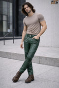 Men's Green Lambskin Leather Pants – Slim Fit Biker Trousers