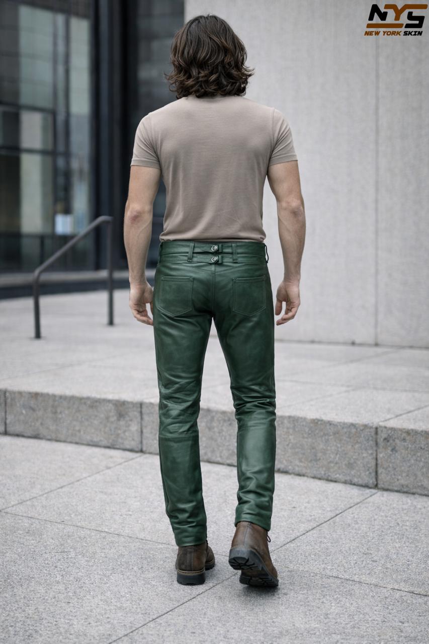 Men's Green Lambskin Leather Pants – Slim Fit Biker Trousers