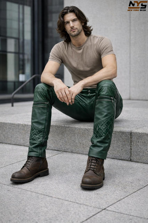 Men's Green Lambskin Leather Pants – Slim Fit Biker Trousers