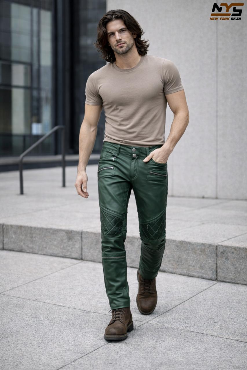 Men's Green Lambskin Leather Pants – Slim Fit Biker Trousers