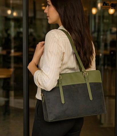 Olive Green Sheepskin Leather Laptop Bag – 15.5-Inch Case