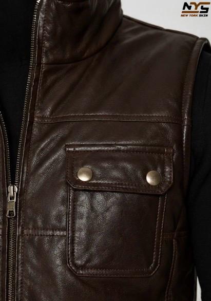 Brown Quilted Sheepskin Leather Vest: Men's Stand Collar Zip Front