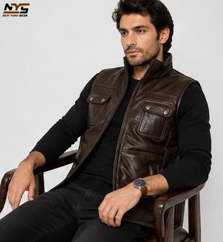 Brown Quilted Sheepskin Leather Vest: Men's Stand Collar Zip Front