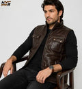 Brown Quilted Sheepskin Leather Vest: Men's Stand Collar Zip Front