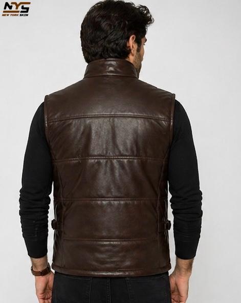 Brown Quilted Sheepskin Leather Vest: Men's Stand Collar Zip Front