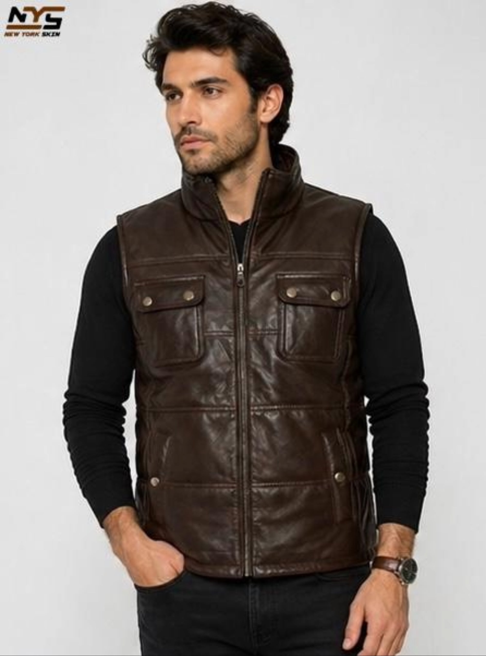 Brown Quilted Sheepskin Leather Vest: Men's Stand Collar Zip Front