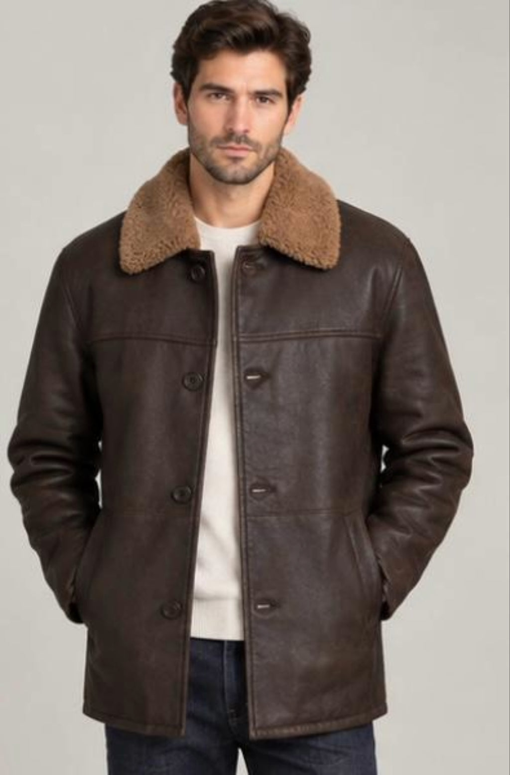 Men's Brown Sheepskin Leather Coat: Four Button Fastening