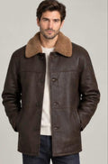 Men's Brown Sheepskin Leather Coat: Four Button Fastening