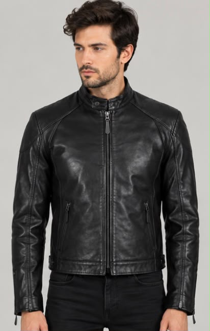 Men's Black Sheepskin Leather Moto Biker Jacket
