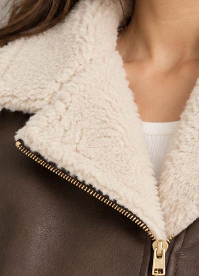 Chocolate Brown Sheepskin Leather Biker Jacket - Lapel Collar