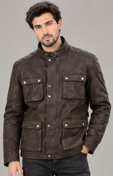 Men's Brown Sheepskin Leather Coat with Buckle Collar