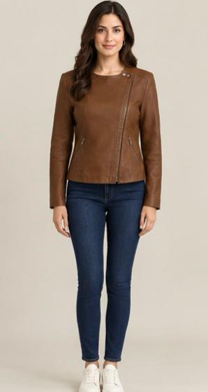 Women's Cognac Sheepskin Leather Jacket - Collarless Moto Style