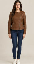 Women's Cognac Sheepskin Leather Jacket - Collarless Moto Style